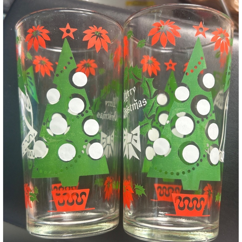 Vtg Set of 2 Continental Can MCM Christmas Holiday Glasses Wreath Poinsettia C - Picture 9 of 16